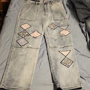 Easel Women's Straight Leg Jeans with Geometric Patchwork